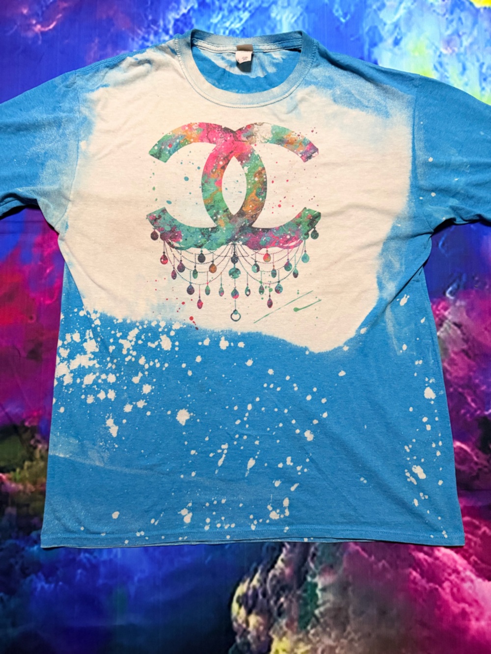 Women's Short Sleeve Graphic Tee in Blue & White with Multicolor Emblem